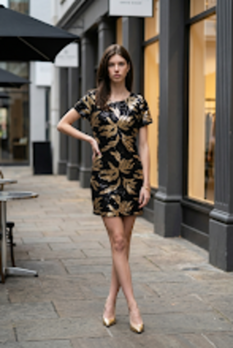 London Times Black with Gold Leaves Sequined Dress, Size 10