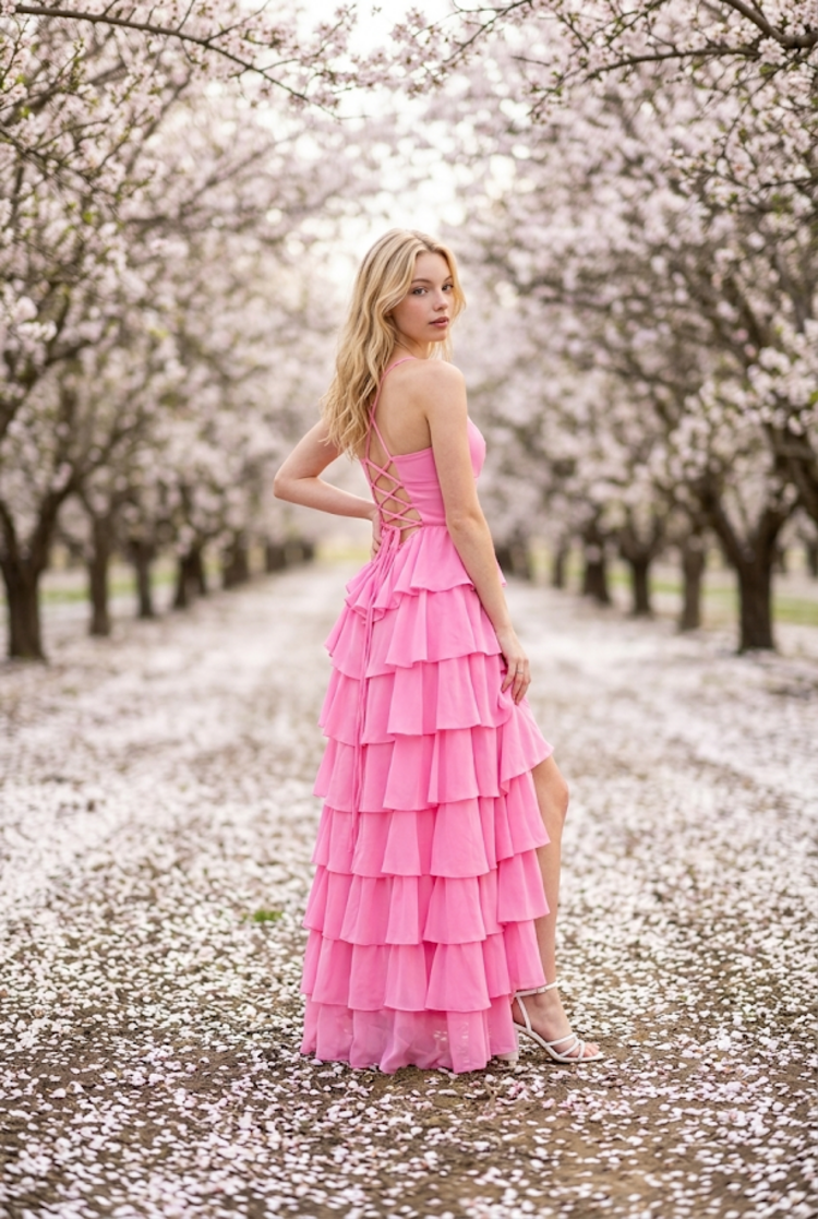Bubble Gum Pink Ruffle Layered Gown with Lace Up Back, Size 4