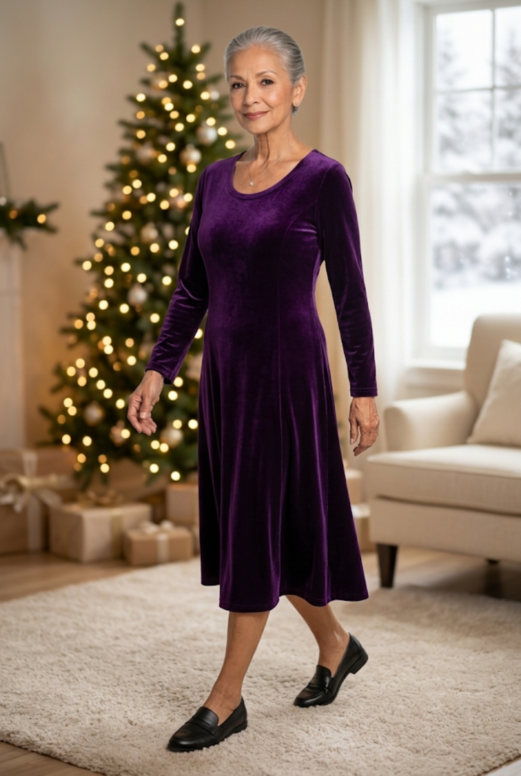 Purple Velvet Long Sleeve Ruched Dress, Size 6