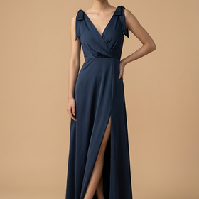 Navy Side Slitted Gown with Double V Neckline, Size M