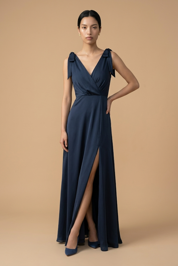 Navy Side Slitted Gown with Double V Neckline, Size M