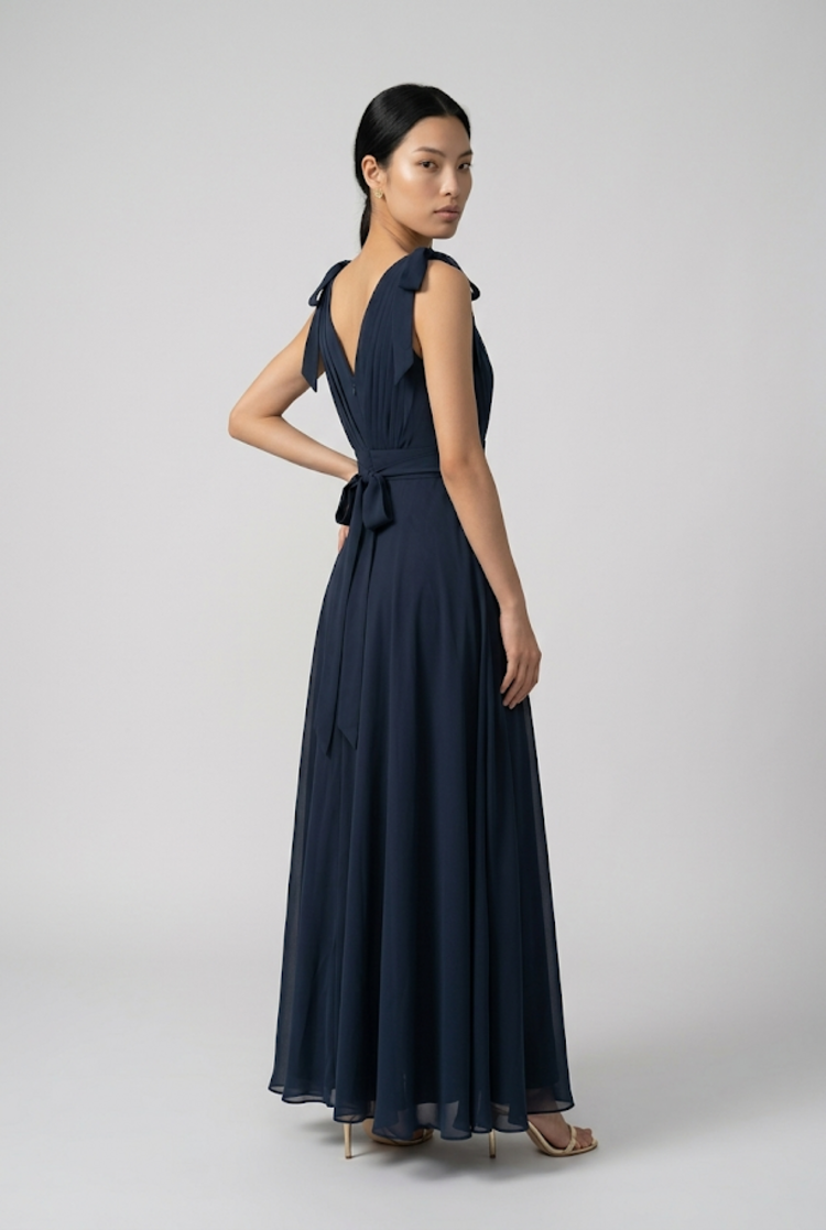 Navy Side Slitted Gown with Double V Neckline, Size M