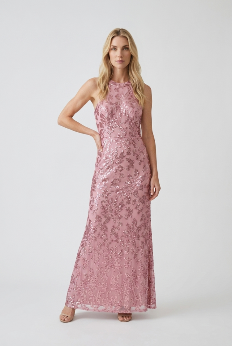 Pink Sequin Floral Design Gown, Size M
