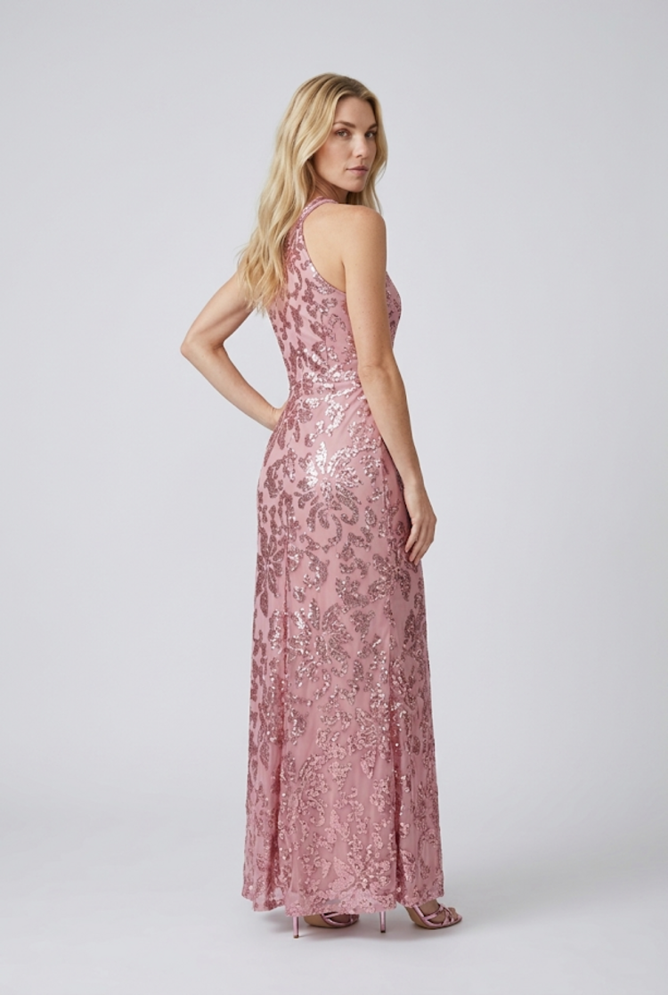Pink Sequin Floral Design Gown, Size M