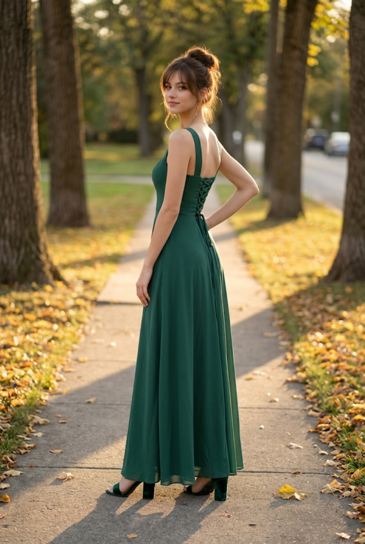 Hunter Green Ruched Waist with Lace Up Back Gown, Size 2