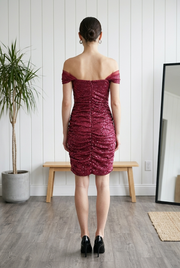 Red Sequin Side Ruched Off the Shoulder Dress, Size S