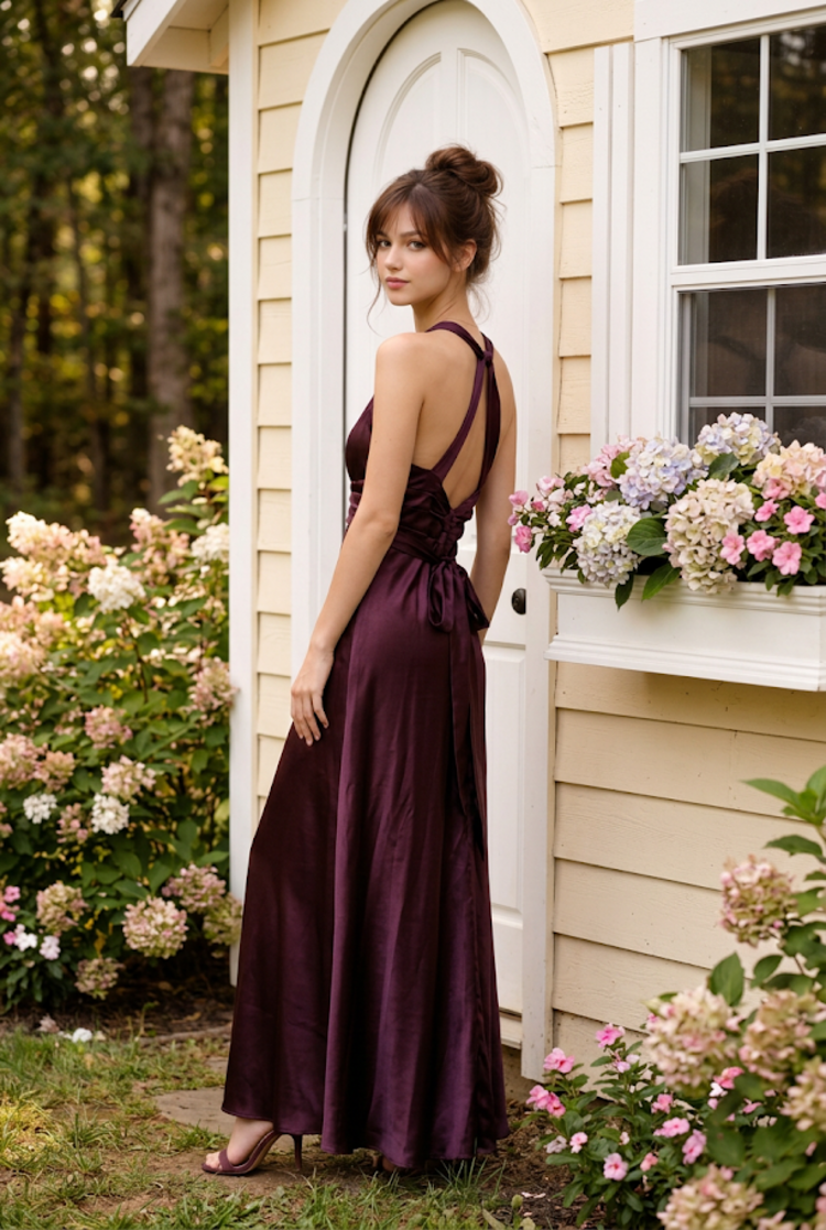 Burgundy Satiny Backless Gown with Ruched Bodice, Size 2