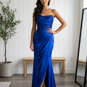 Royal Blue Sequin Corset Bodice with Satiny Skirt Strapless Gown, Size 4