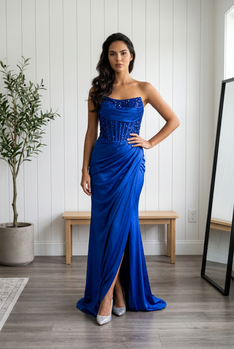 Royal Blue Sequin Corset Bodice with Satiny Skirt Strapless Gown, Size 4