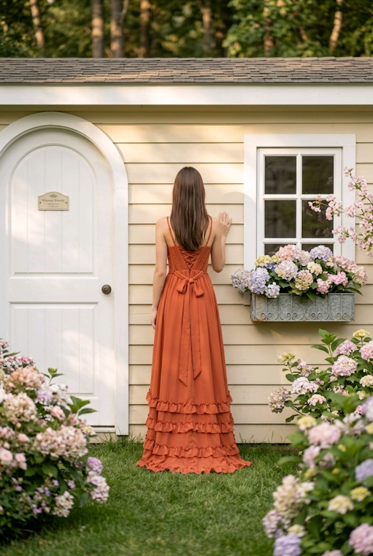 Terracotta Ruffled Gown with Corset Bodice, Size S