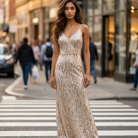 Jump Apparel Taupe with Gold and Silver Beading Spaghetti Strap Gown, Size 13/14