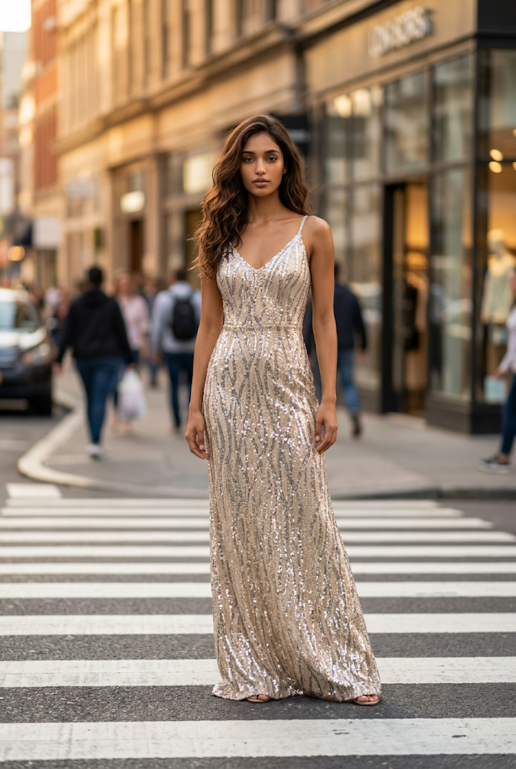 Jump Apparel Taupe with Gold and Silver Beading Spaghetti Strap Gown, Size 13/14