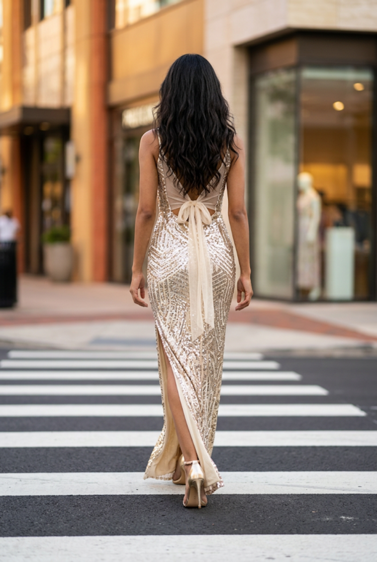 Jump Apparel Taupe with Gold and Silver Beading Spaghetti Strap Gown, Size 13/14
