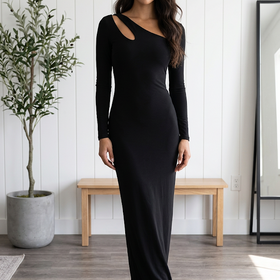 Xscape Black Long Sleeve with Taupe Lined Slit Gown, Size 10