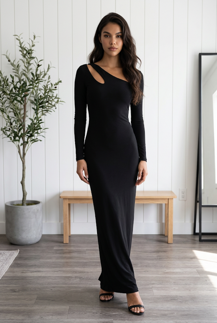 Xscape Black Long Sleeve with Taupe Lined Slit Gown, Size 10