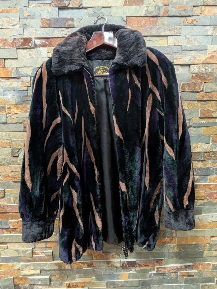 Black Sheared Beaver Bomber Jacket w/Striping, Size L