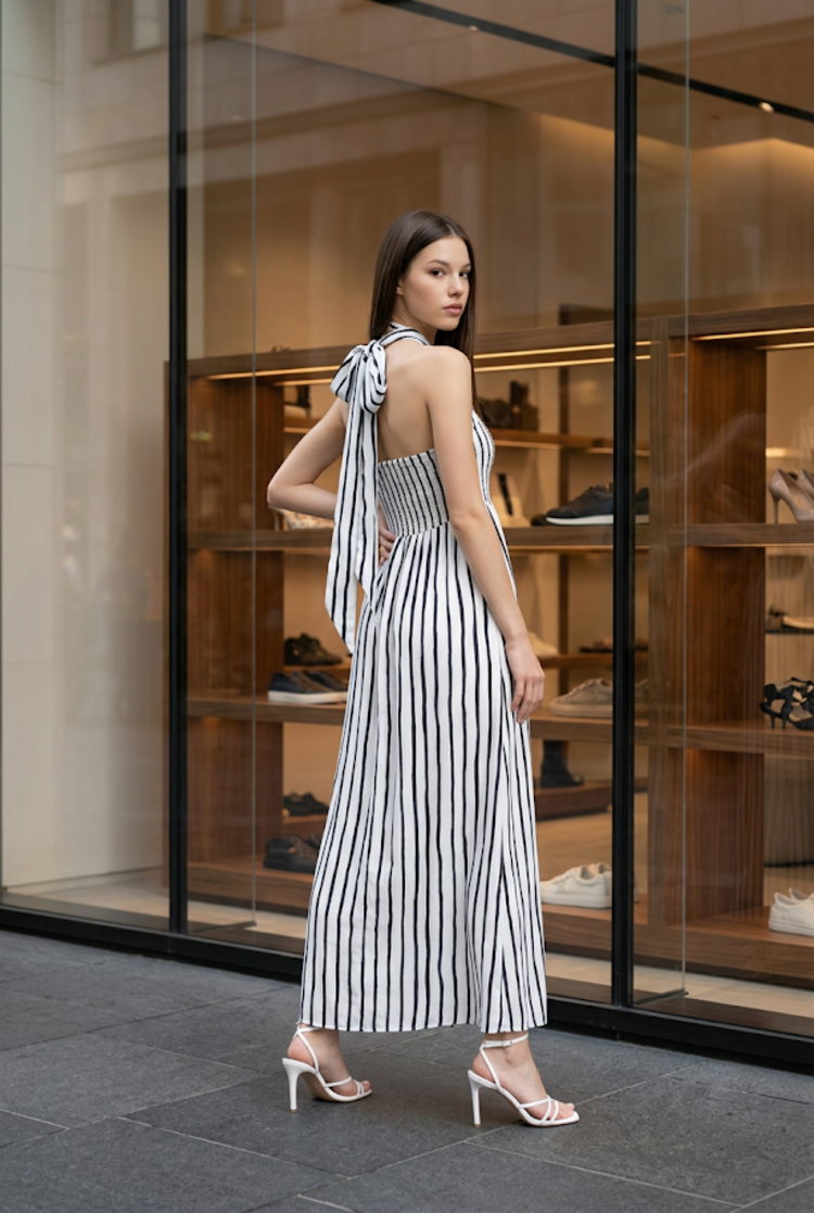 White and Black Stripe Wrap Sundress, Size M