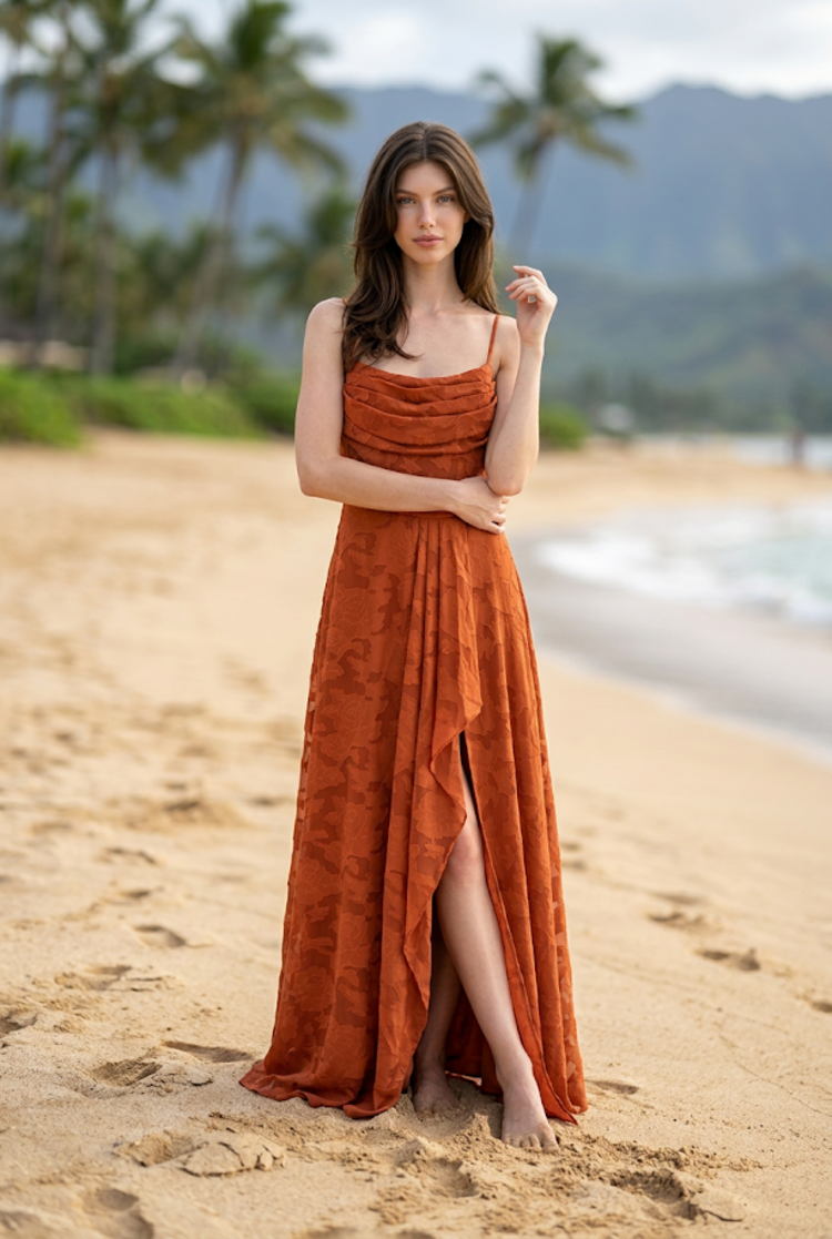 Terracotta Floral Print Side Slit Gown, Size 14
