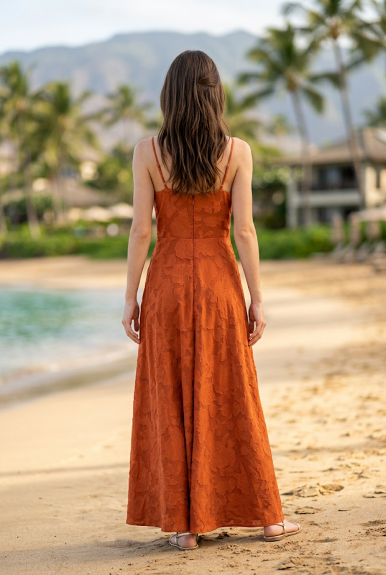 Terracotta Floral Print Side Slit Gown, Size 14