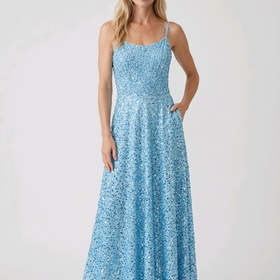 Light Blue Velvet Sequined Gown with Lace-Up, Size 10