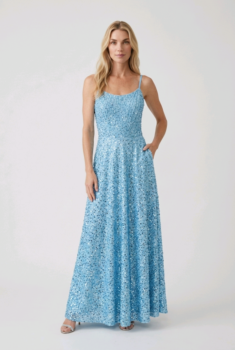 Light Blue Velvet Sequined Gown with Lace-Up, Size 10