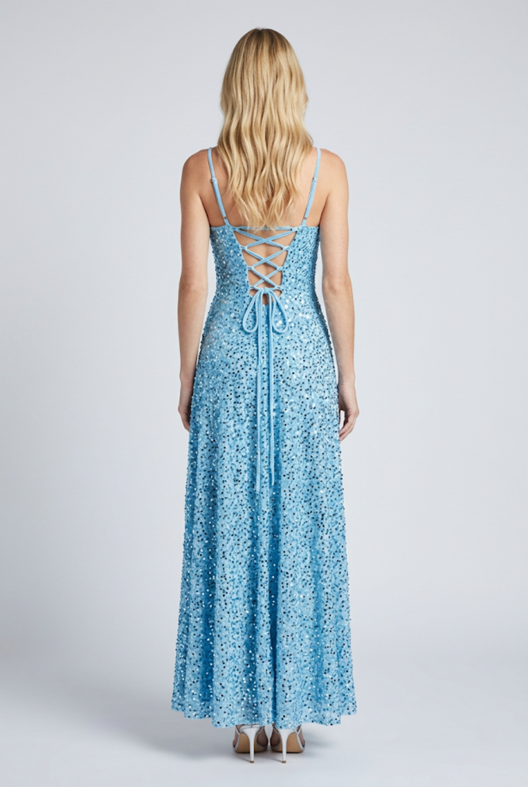 Light Blue Velvet Sequined Gown with Lace-Up, Size 10