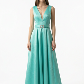 Aqua Belted  Deep V Neckline Gown, Size S