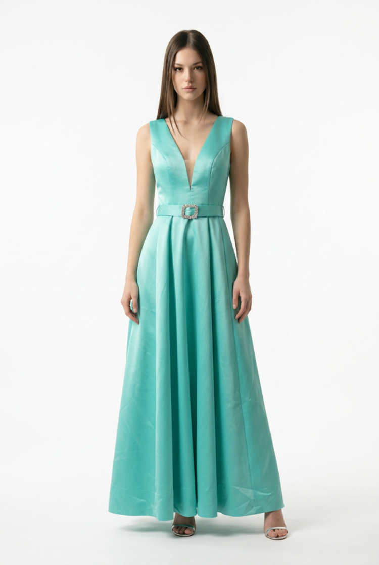 Aqua Belted  Deep V Neckline Gown, Size S