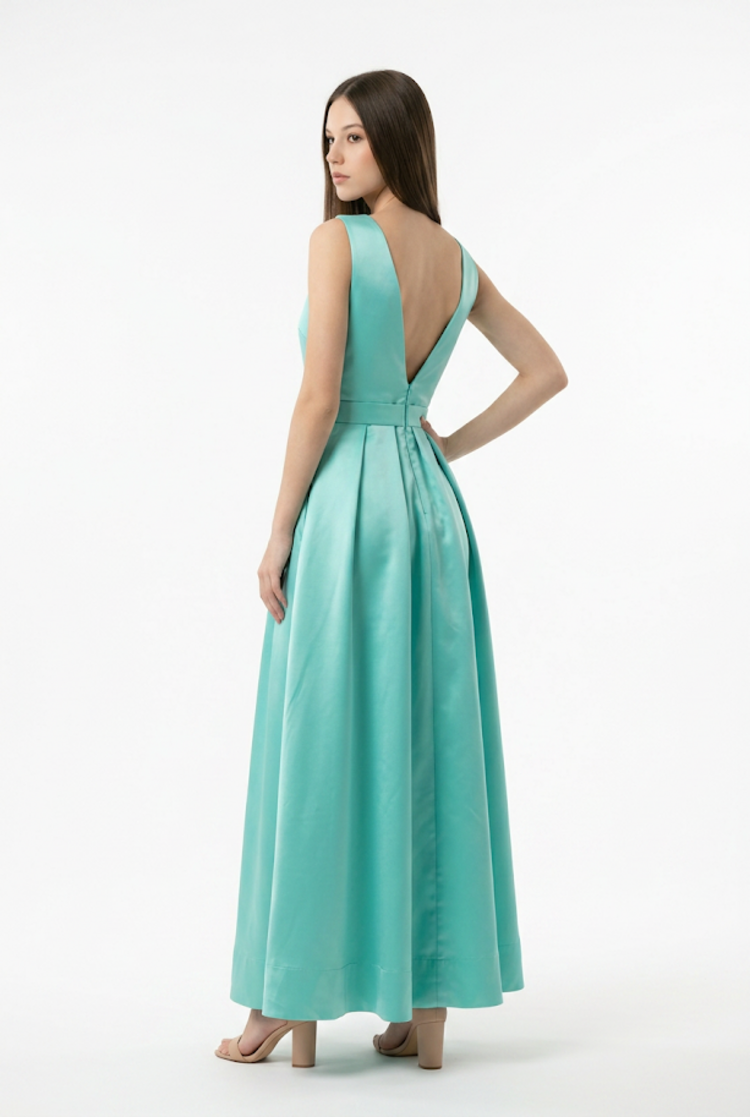 Aqua Belted  Deep V Neckline Gown, Size S