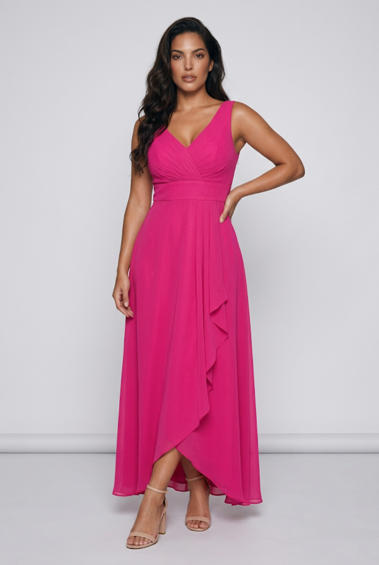 Hot Pink Ruched V  Bodice, Size 14