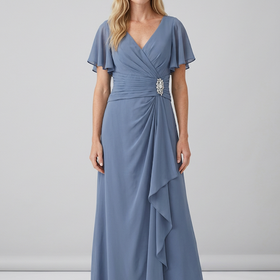 Slate Blue Flutter Sleeved Gown with Brooch Embellishment, Size 16W