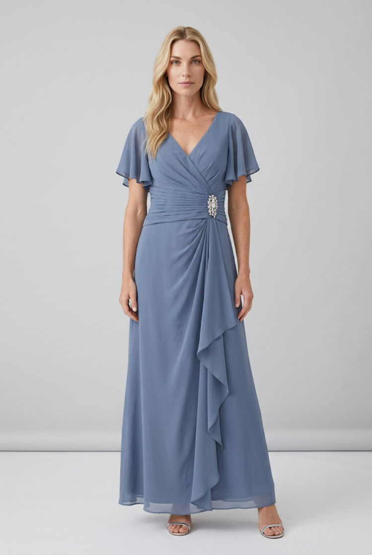 Slate Blue Flutter Sleeved Gown with Brooch Embellishment, Size 16W