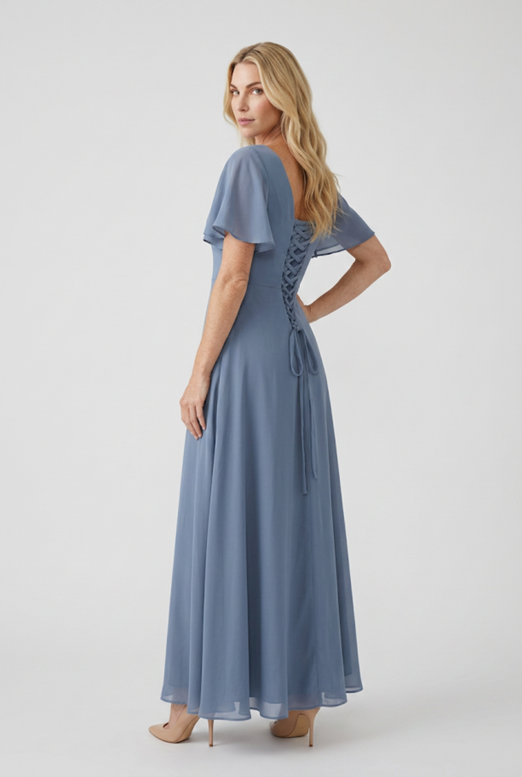 Slate Blue Flutter Sleeved Gown with Brooch Embellishment, Size 16W