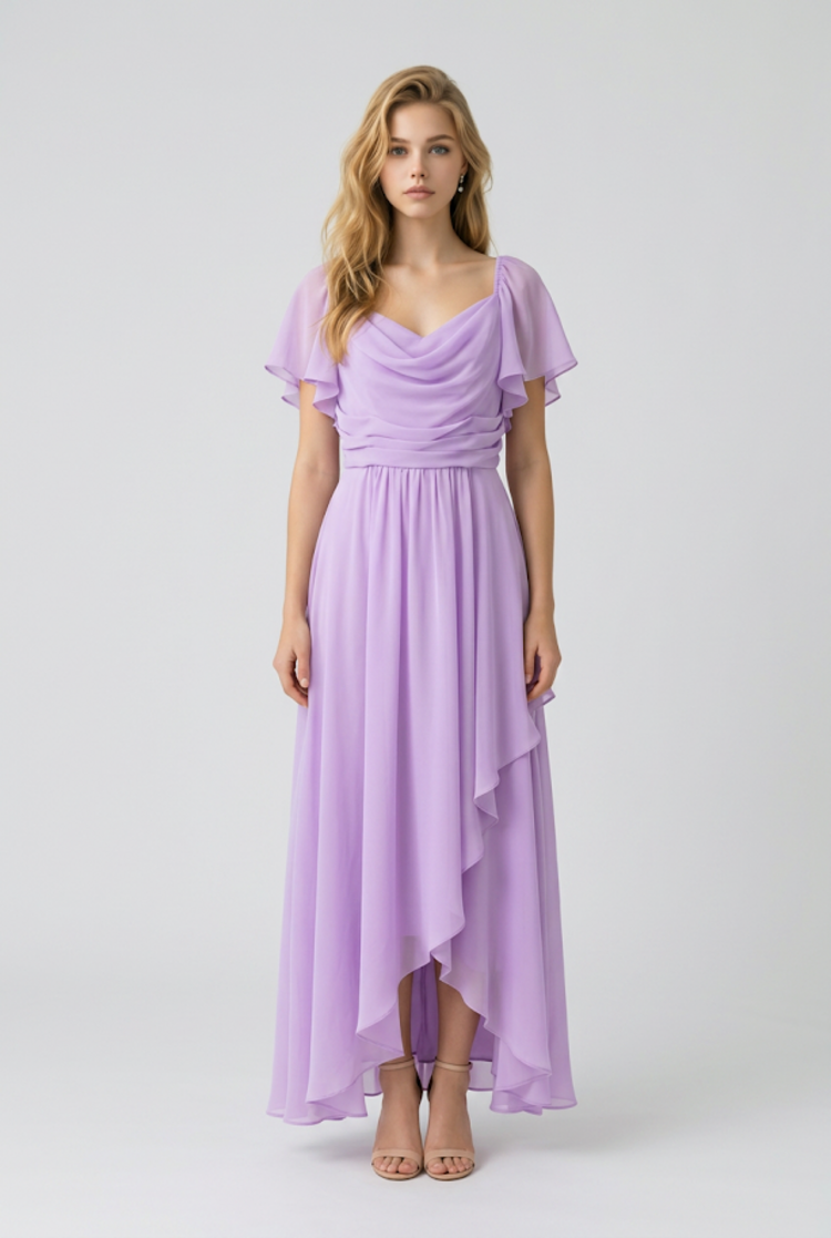 Lilac Ruched Bodice Gown with Flutter Sleeves, Size 16
