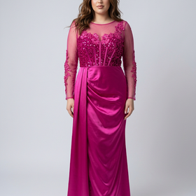 Hot Pink Sequin and 3D Floral Bodice Gown, Size XS