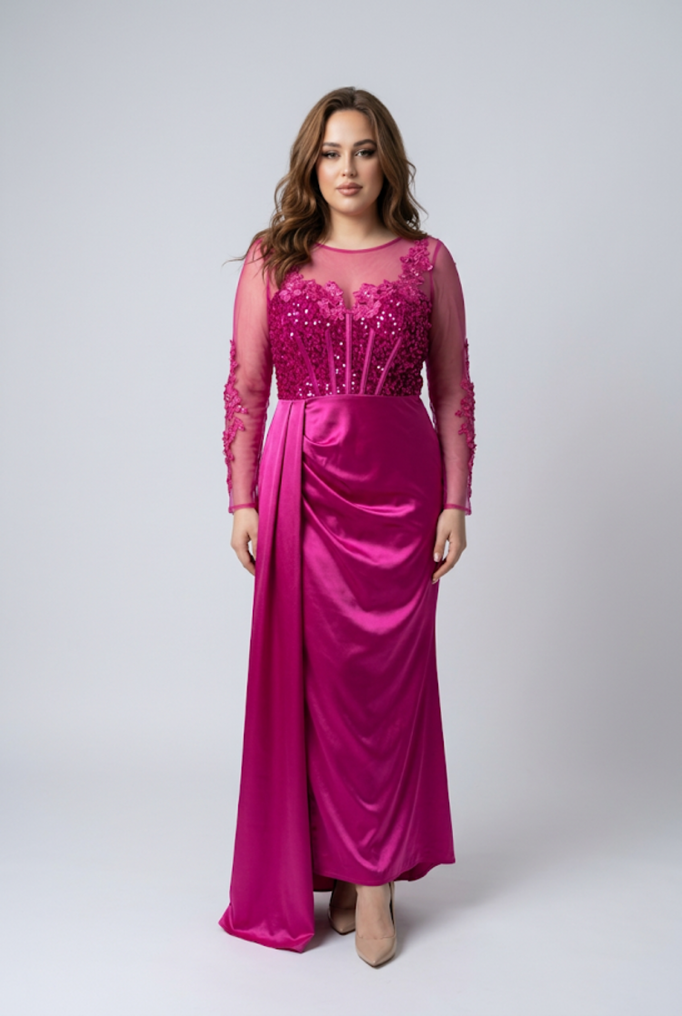 Hot Pink Sequin and 3D Floral Bodice Gown, Size XS