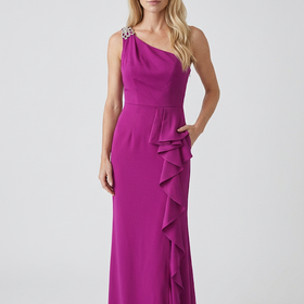 Hot Pink Crystal One Shoulder Ruffled Slit Gown, Size XS