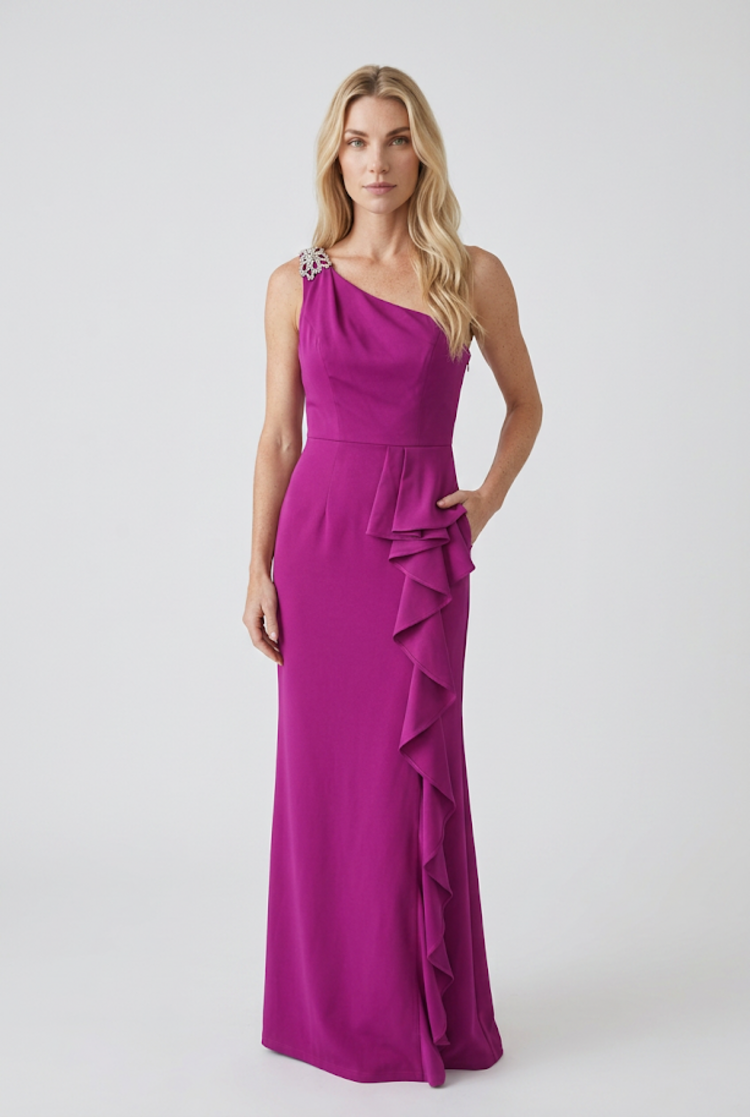 Hot Pink Crystal One Shoulder Ruffled Slit Gown, Size XS
