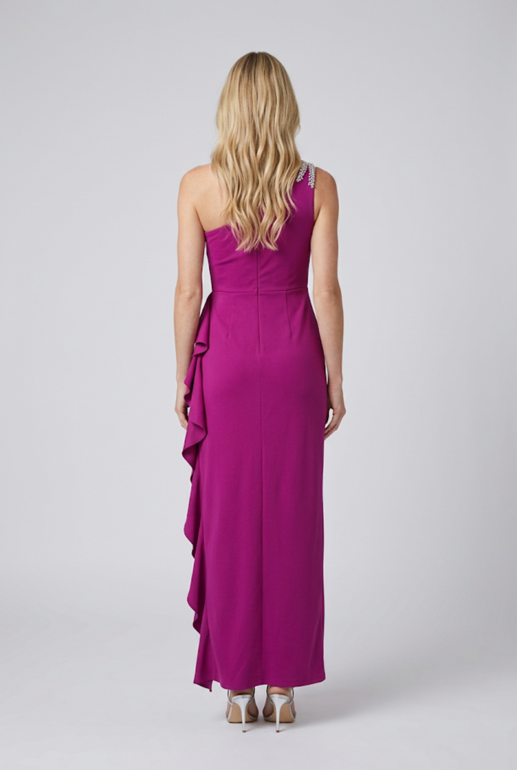 Hot Pink Crystal One Shoulder Ruffled Slit Gown, Size XS