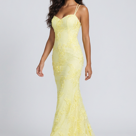 Yellow with Ribbon Embellished Flowers Lace Up Gown, Size 2