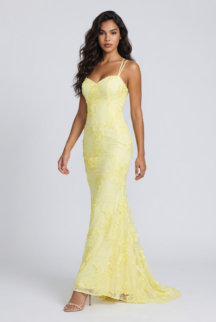 Yellow with Ribbon Embellished Flowers Lace Up Gown, Size 2