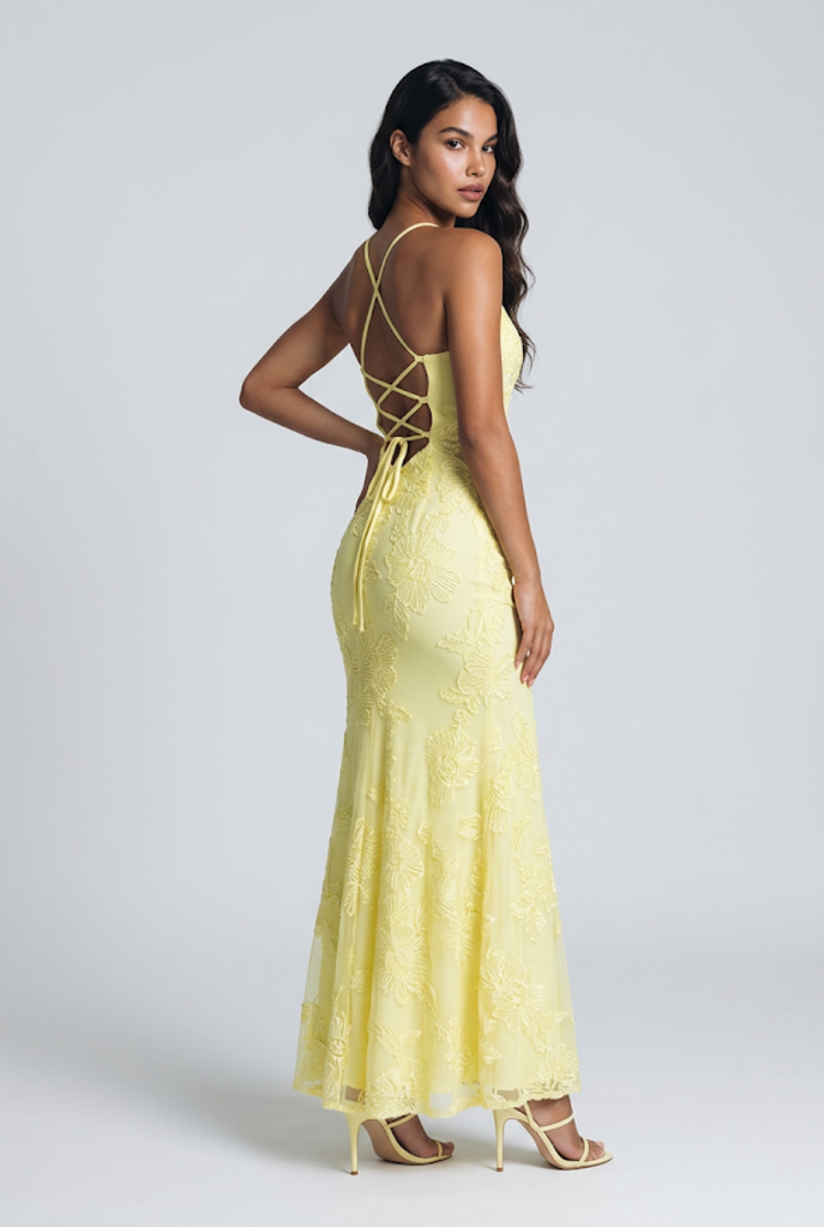 Yellow with Ribbon Embellished Flowers Lace Up Gown, Size 2
