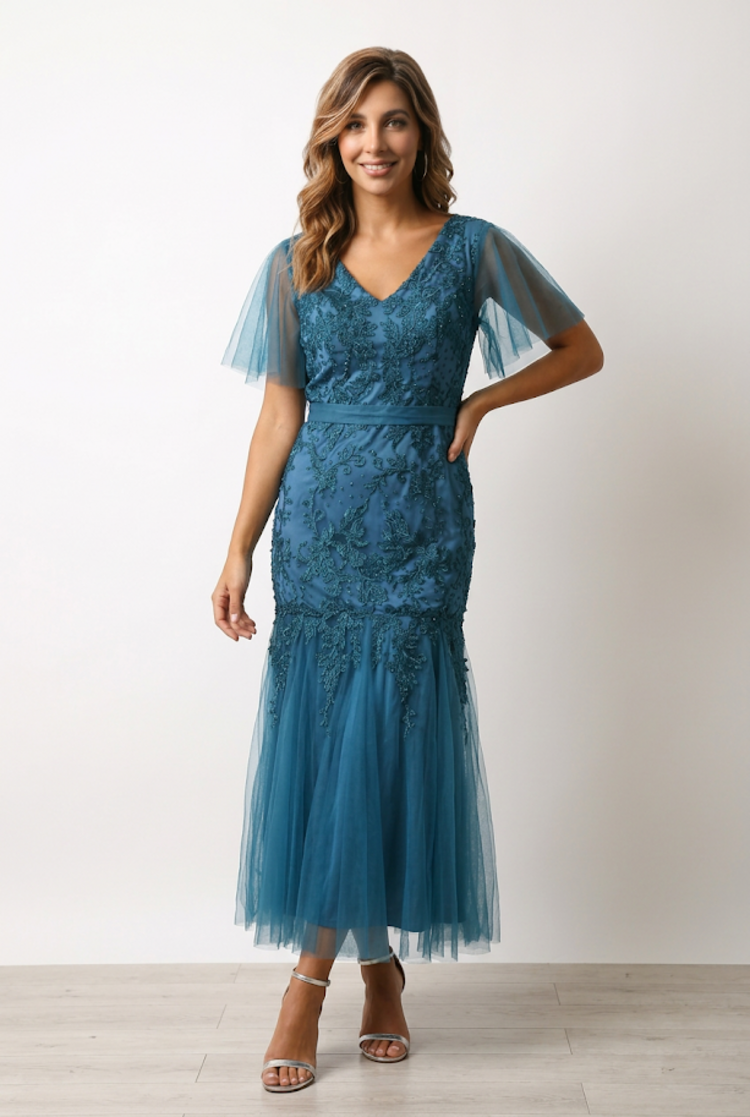 Teal Lace Tulle Gown, Size 8