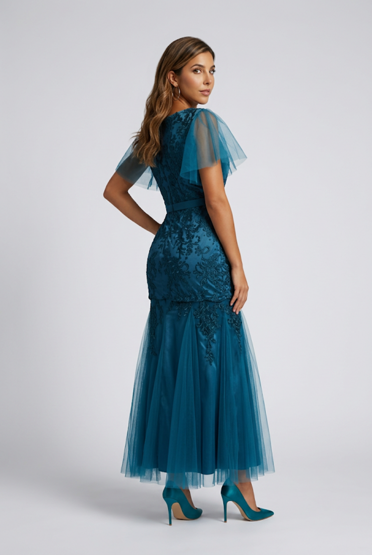 Teal Lace Tulle Gown, Size 8