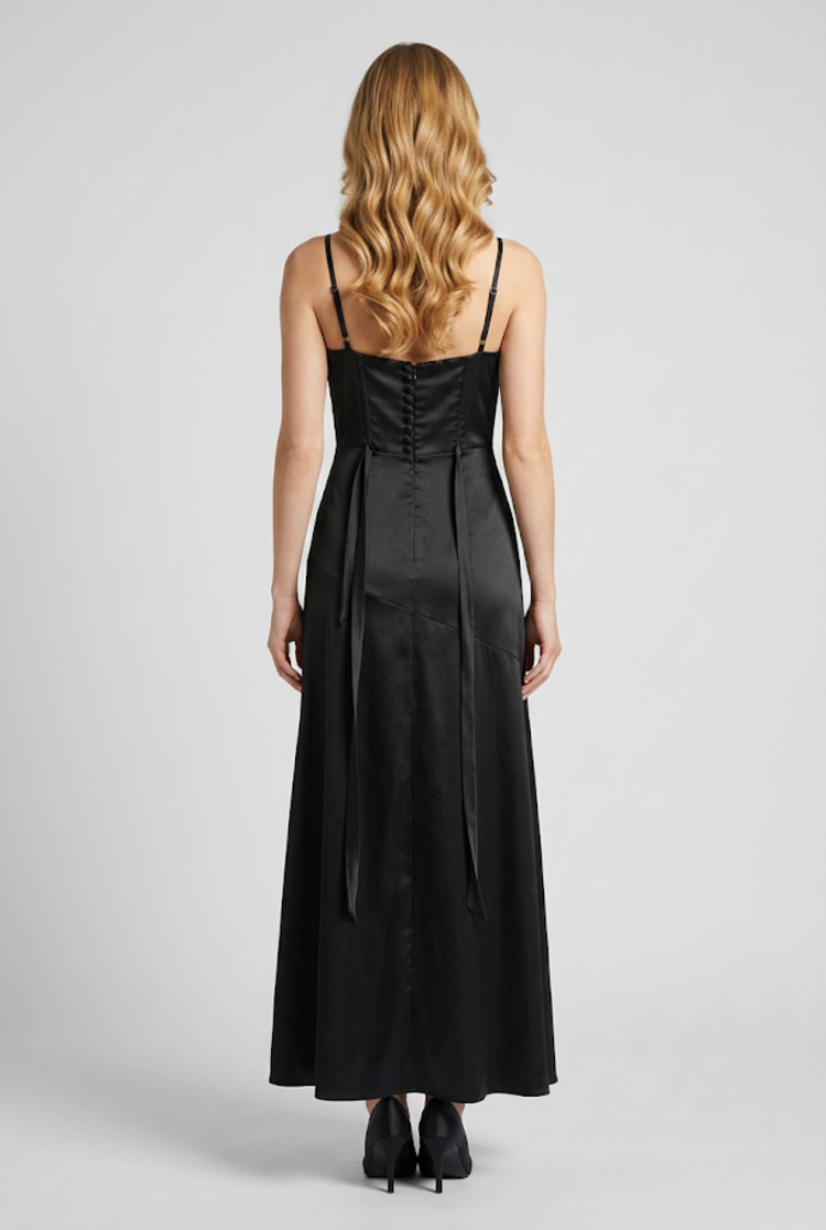 Black Satiny Lace Up Back Gown with Slit, Size 4