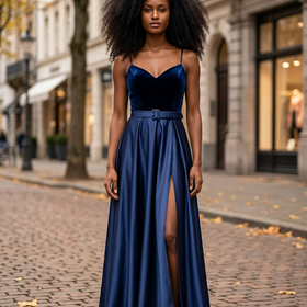 Navy Strapless Belted Velvet Bodice Gown, Size L