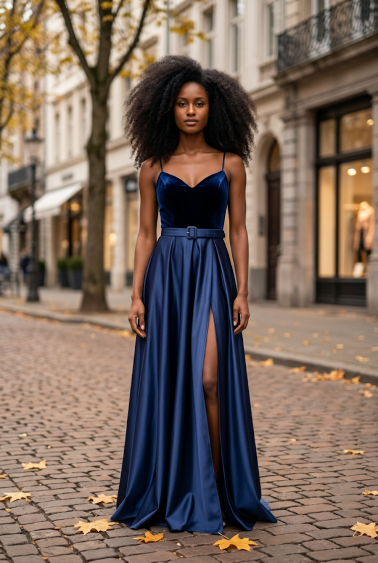 Navy Strapless Belted Velvet Bodice Gown, Size L