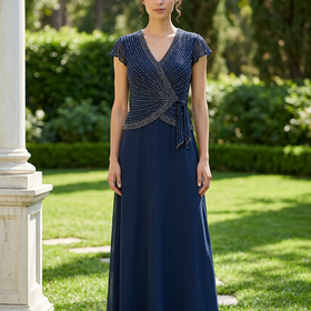 Jkara Navy Beaded Tie Waist Gown with Flutter Sleeves