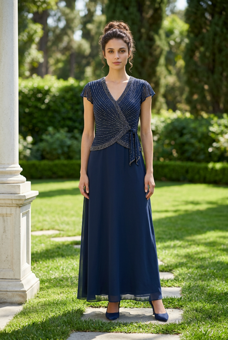 Jkara Navy Beaded Tie Waist Gown with Flutter Sleeves