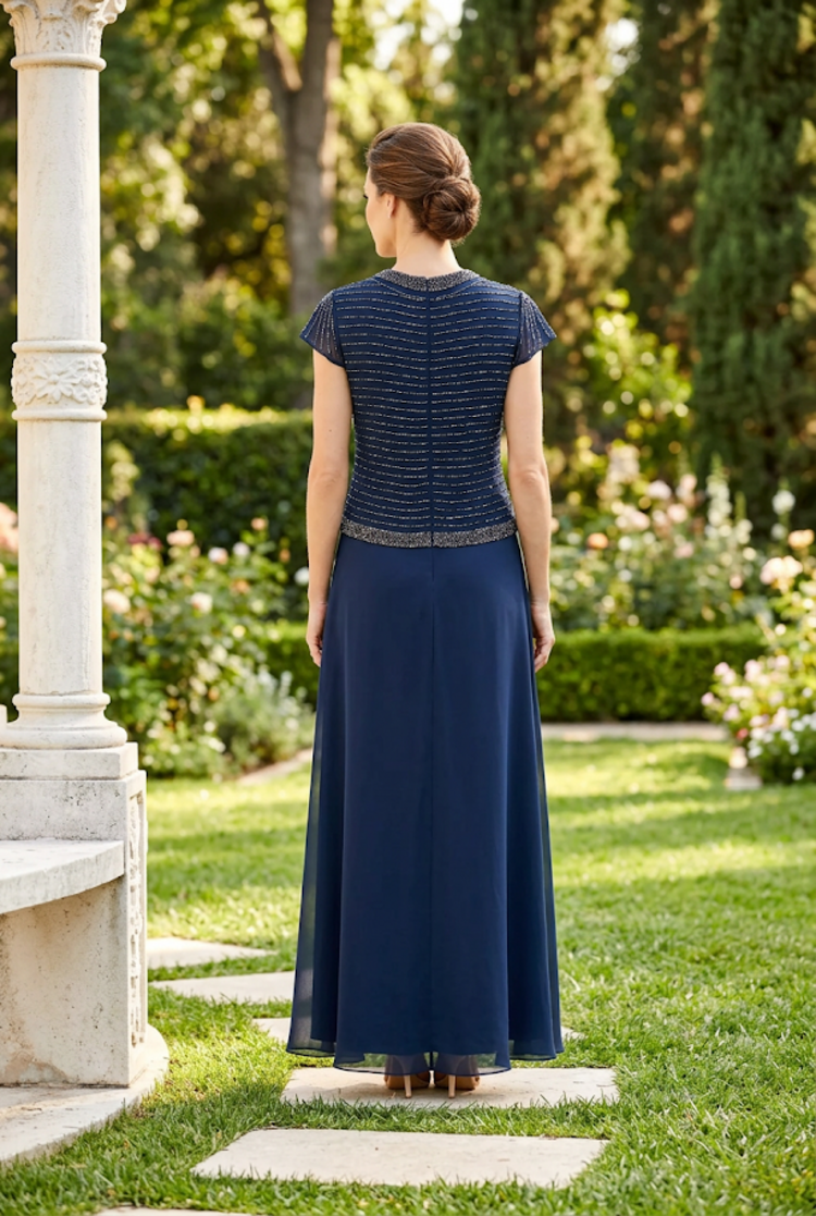 Jkara Navy Beaded Tie Waist Gown with Flutter Sleeves